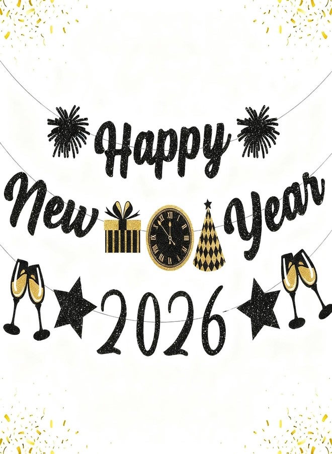 زينة رأس السنة الجديدة باللونين الأسود والذهبي من IMISHM لعام 2026، لافتة لامعة تحمل عبارة "عام جديد سعيد"، لوازم حفلات ليلة رأس السنة، زينة ليلة رأس السنة، لافتة "عام جديد سعيد" لتزيين الحفلات. - Image 1